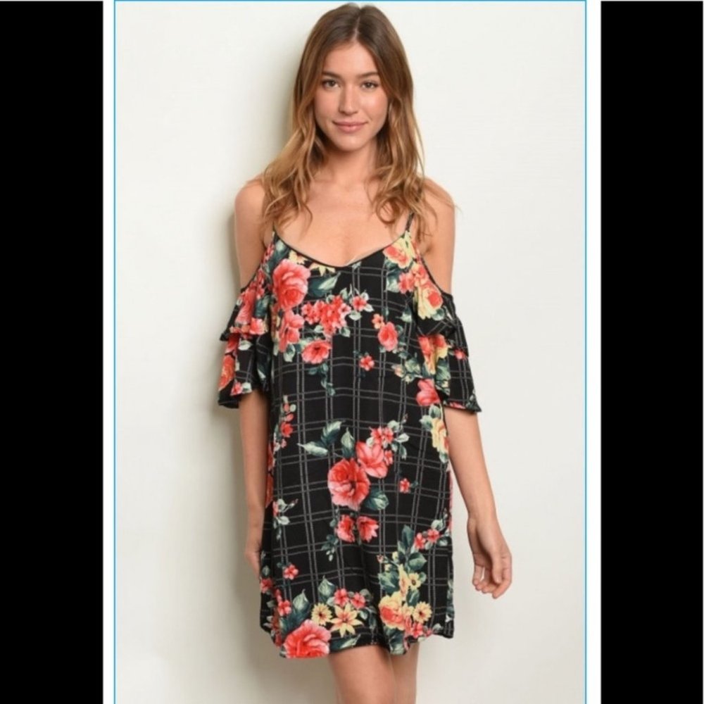 Cold shoulder floral checkered mini dress
